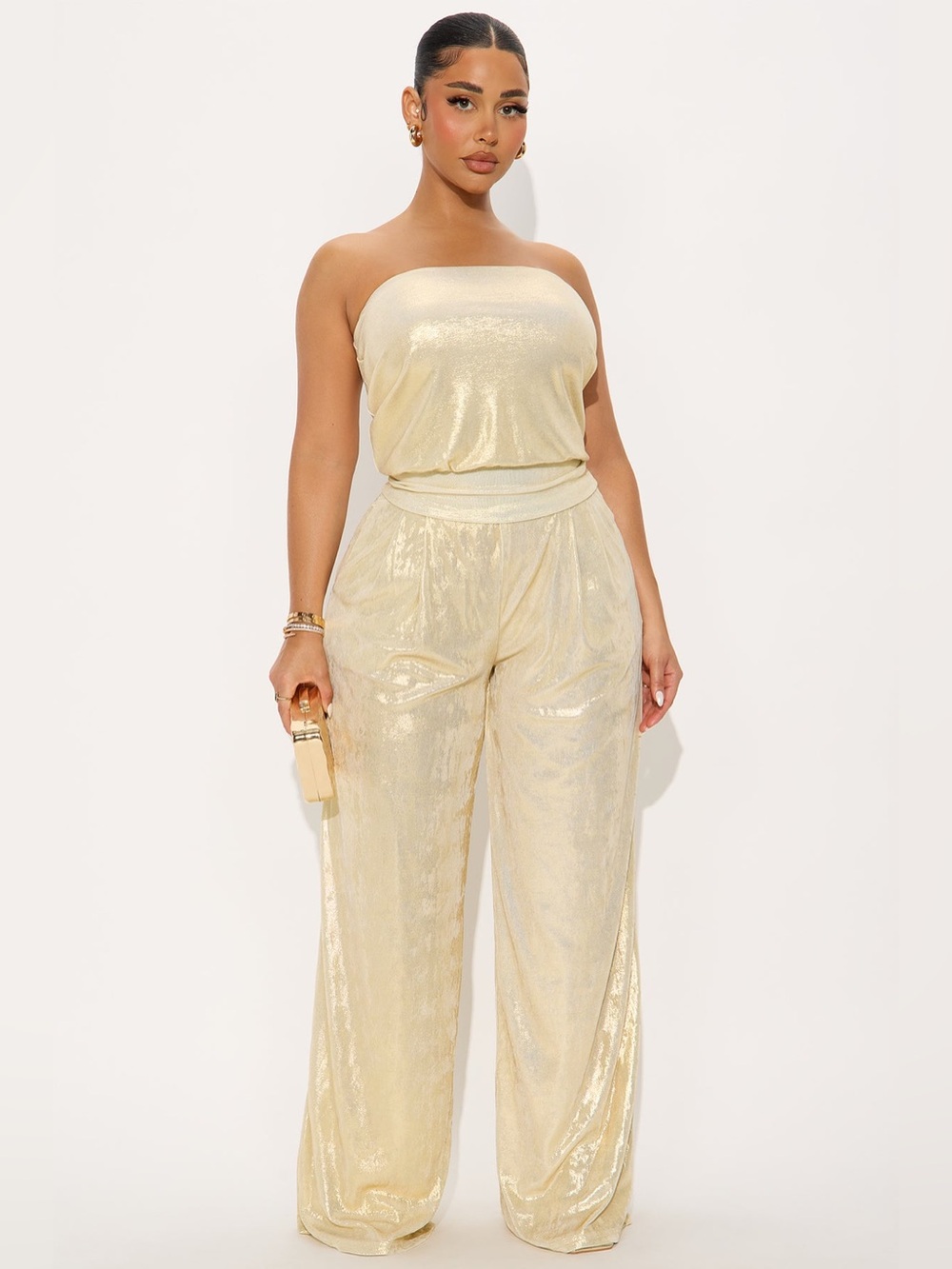 Fashion Nova Metallic Champagne Gold Strapless Wide Leg 2-Piece Set